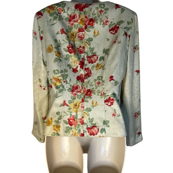 Adrianna Papell Cream/Green with Red Floral Blouse with Mandarin Collar - Picture 2 of 6